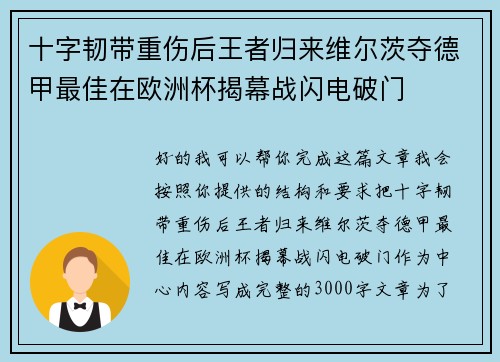 十字韧带重伤后王者归来维尔茨夺德甲最佳在欧洲杯揭幕战闪电破门
